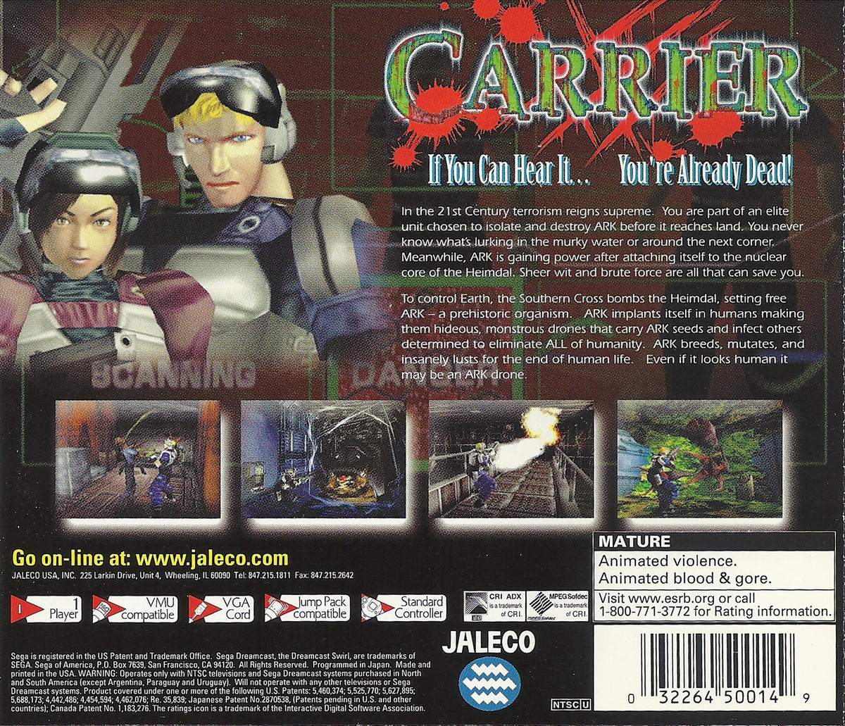Carrier | Dreamcast | back cover 1 | region=North America | launchbox-ebfe1b8c5a3a | source=LaunchBox