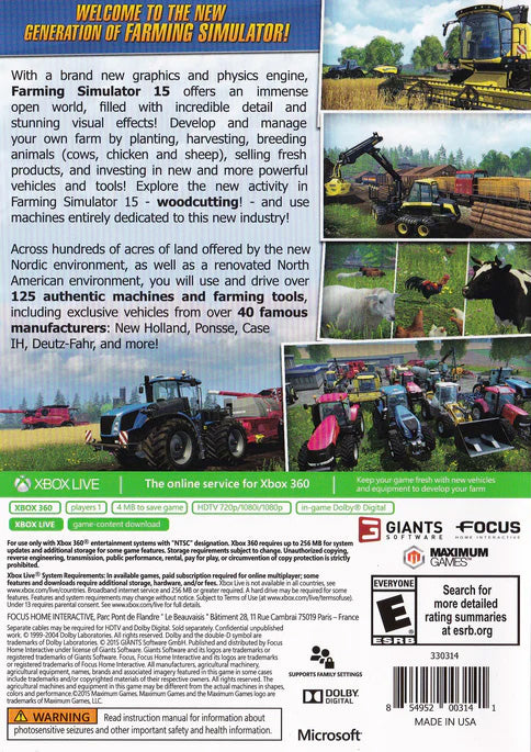 
Farming Simulator 15 | Xbox 360 | back cover 1 | Region: North America | Source: LaunchBox