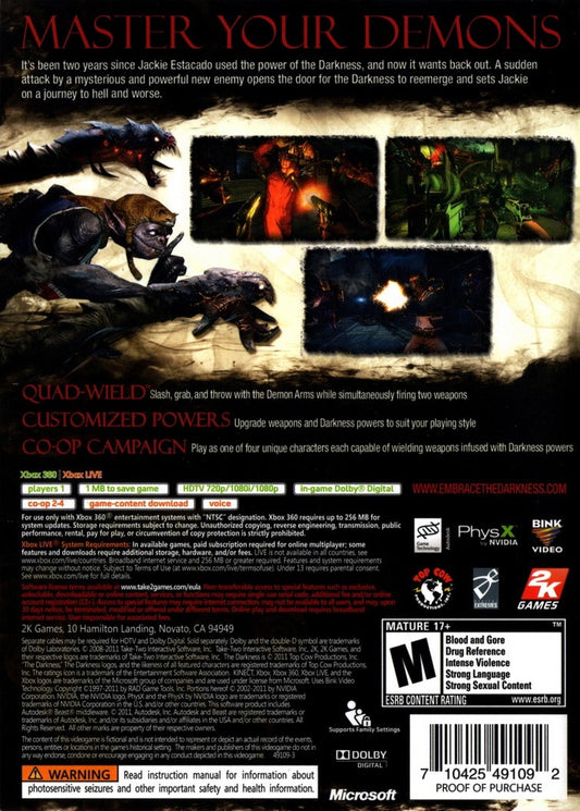 The Darkness II | Xbox 360 | back cover 1 | region=North America | launchbox-60c680dd388e | source=LaunchBox