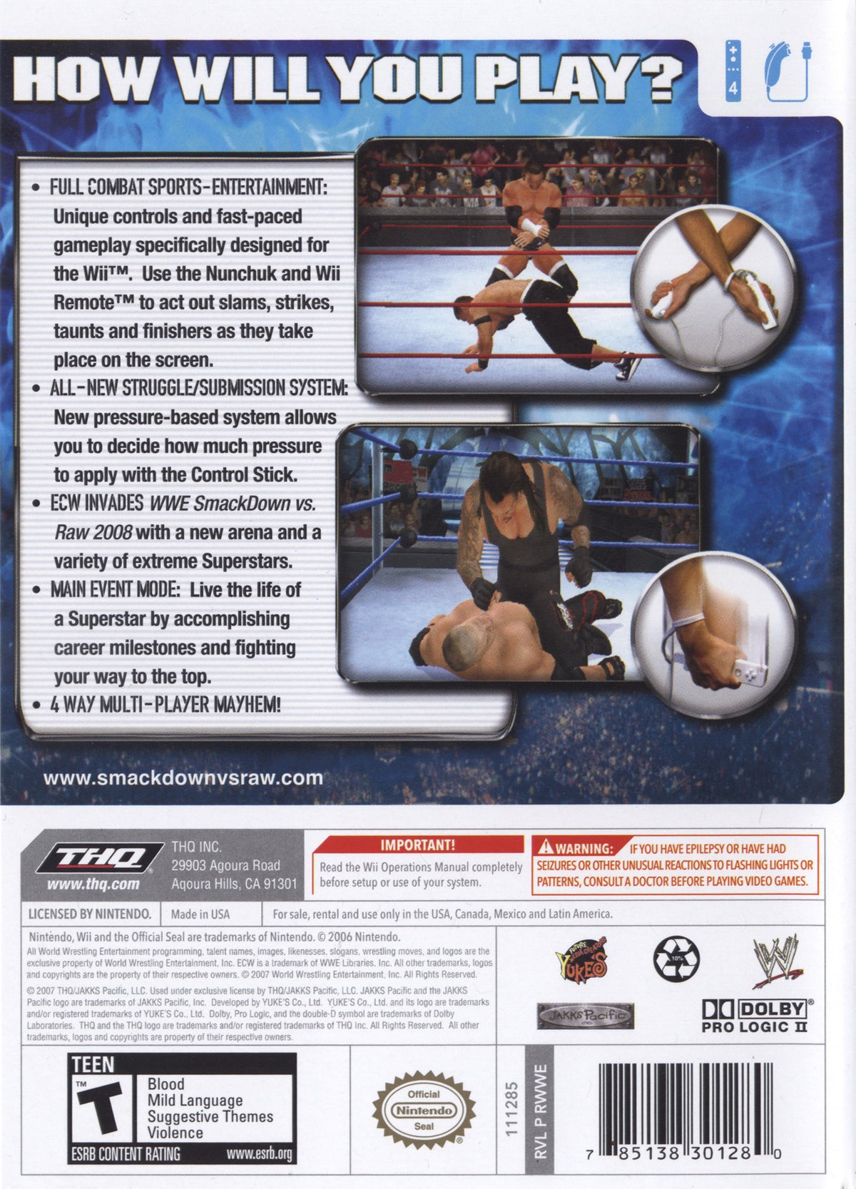 
WWE Smackdown vs. Raw 2008 | Wii | back cover 1 | Region: North America | Source: LaunchBox