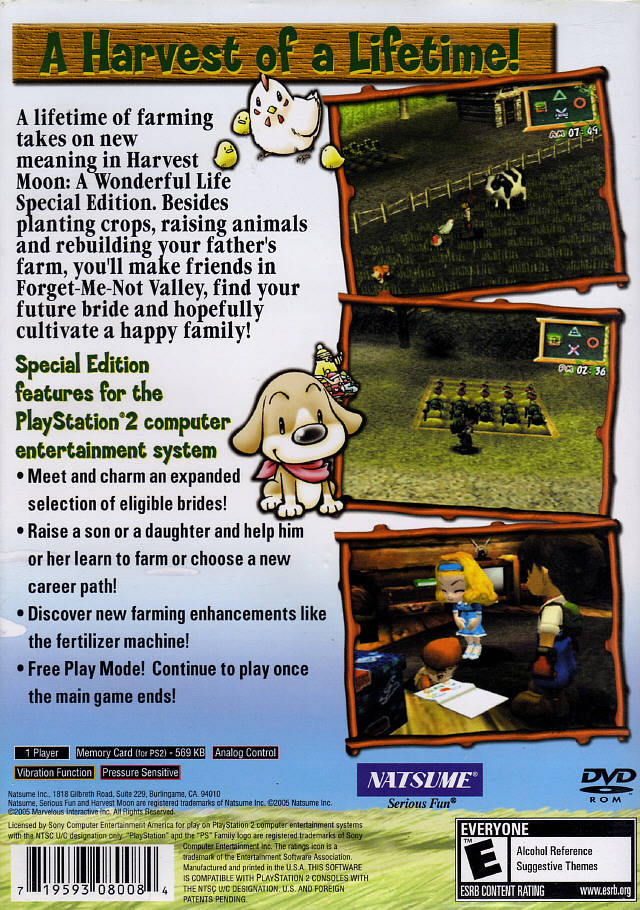 Harvest Moon: A Wonderful Life (Special Edition) | PlayStation 2 | back cover 1 | Region: North America | Source: LaunchBox