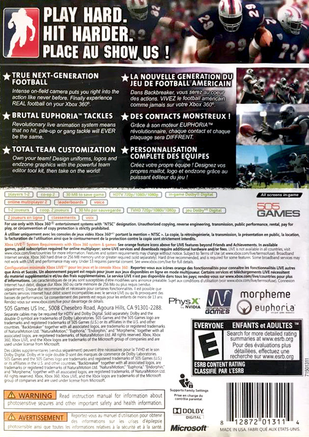 
Backbreaker | Xbox 360 | back cover 1 | Region: North America | Source: LaunchBox