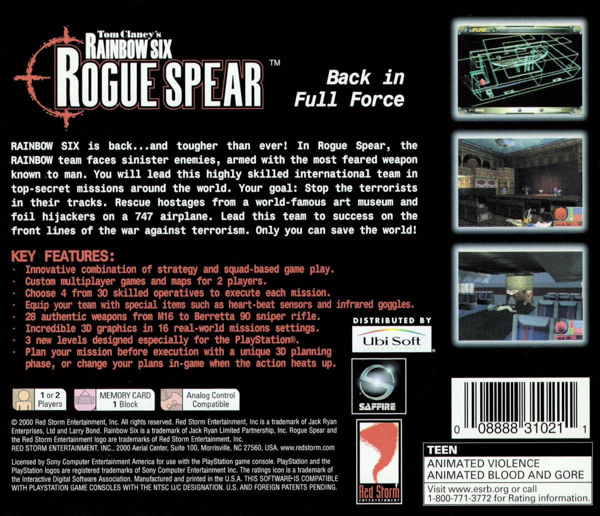 
Tom Clancy's Rainbow Six: Rogue Spear | PlayStation | back cover 1 | Region: North America | Source: LaunchBox