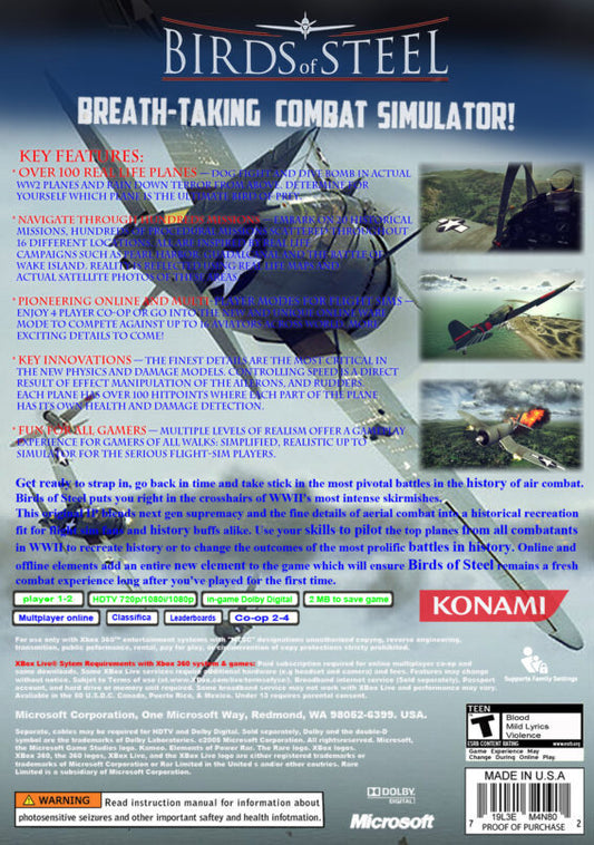 
Birds of Steel | Xbox 360 | back cover 1 | Region: North America | Source: LaunchBox