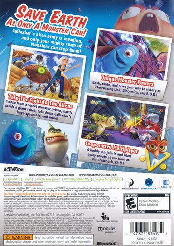 
Monsters vs. Aliens | Xbox 360 | back cover 1 | Region: North America | Source: LaunchBox