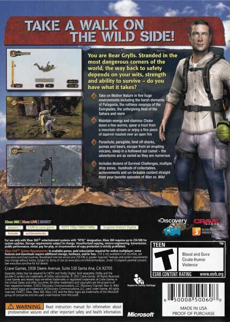 
Man vs. Wild with Bear Grylls | Xbox 360 | back cover 1 | Region: North America | Source: LaunchBox