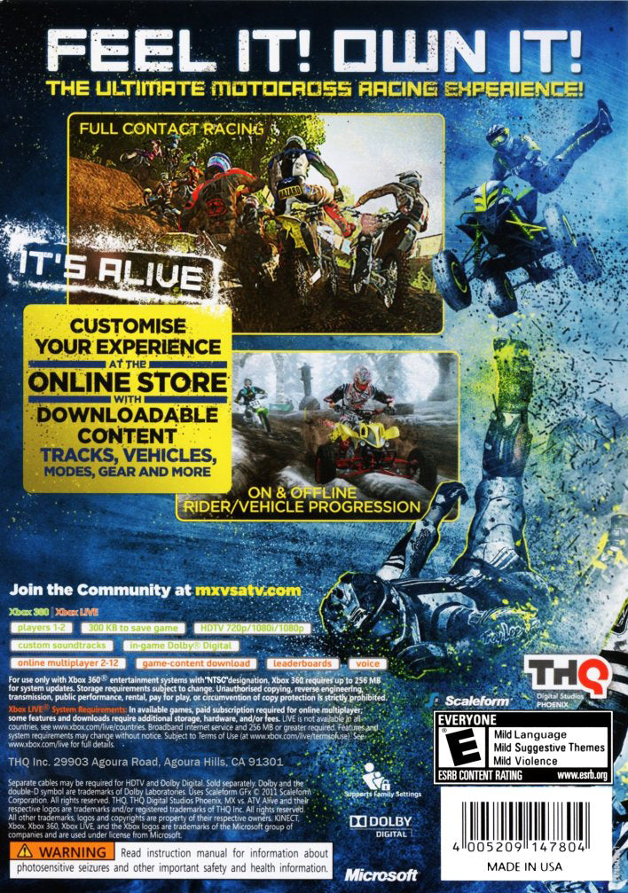 MX vs. ATV Alive | Xbox 360 | back cover 1 | Region: North America | Source: LaunchBox