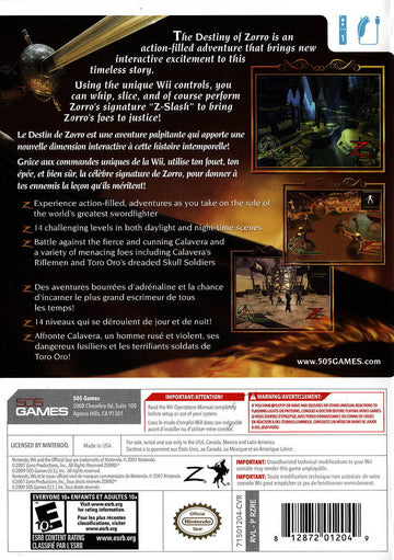 
The Destiny of Zorro | Wii | back cover 1