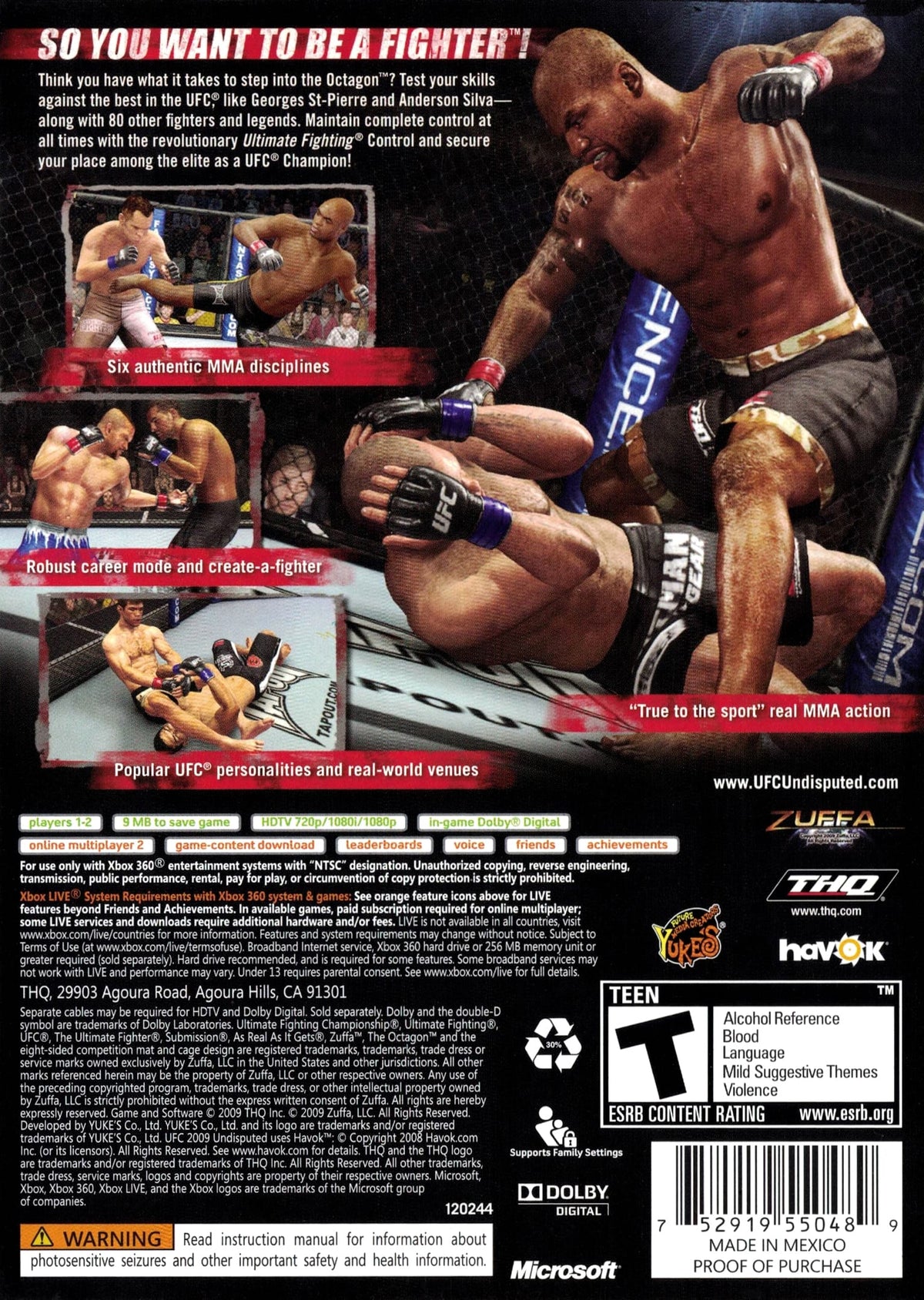 UFC 2009 Undisputed | Xbox 360 | back cover 1 | Region: North America | Source: LaunchBox