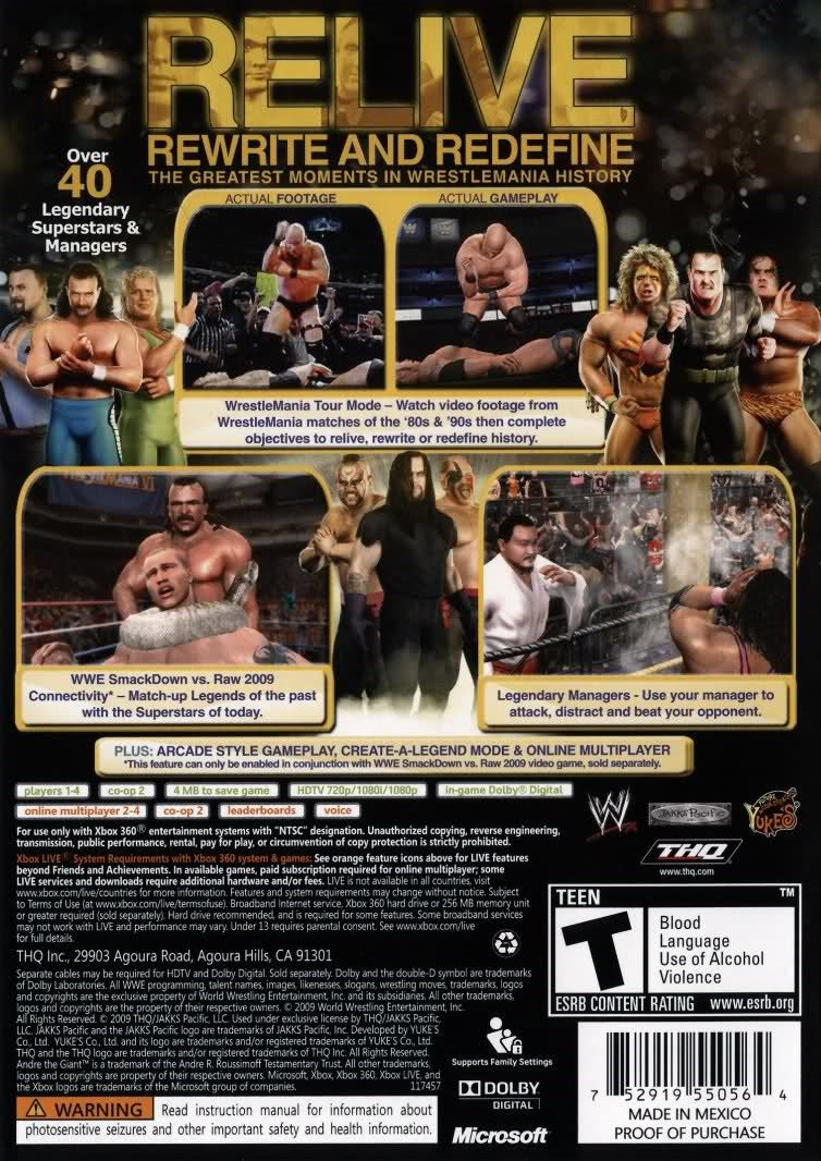 WWE Legends of WrestleMania | Xbox 360 | back cover 1 | Region: North America | Source: LaunchBox