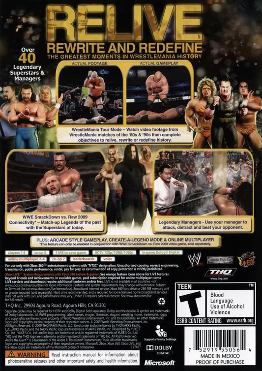 
WWE Legends of WrestleMania | Xbox 360 | back cover 1 | Region: North America | Source: LaunchBox