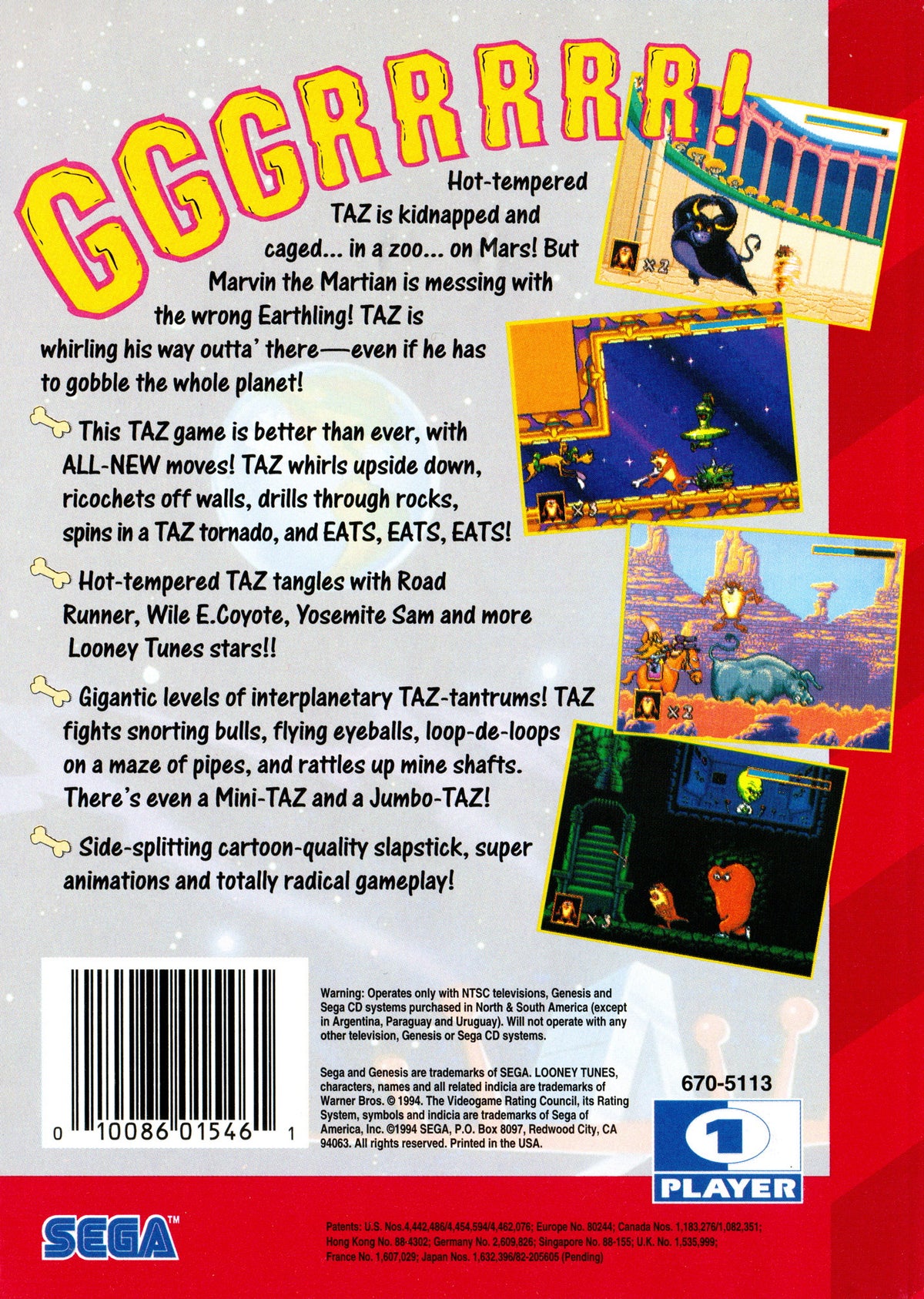 Taz in Escape from Mars | Genesis | back cover 1