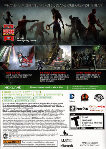 
Injustice: Gods Among Us | Xbox 360 | back cover 1 | Region: North America | Source: LaunchBox