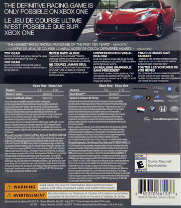 
Forza Motorsport 5 | Xbox One | back cover 1 | Region: North America | Source: LaunchBox