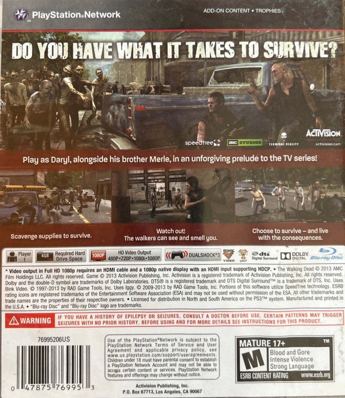 The Walking Dead: Survival Instinct | PlayStation 3 | back cover 1 | Region: North America | Source: LaunchBox