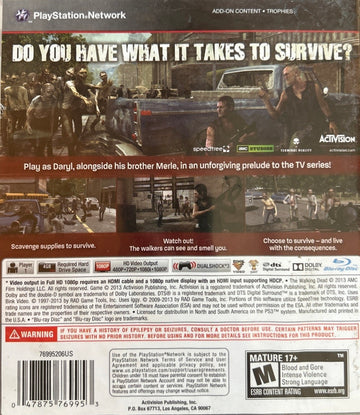 
The Walking Dead: Survival Instinct | PlayStation 3 | back cover 1 | Region: North America | Source: LaunchBox