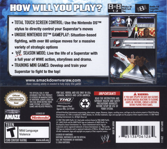 
WWE Smackdown vs. Raw 2008 | Nintendo DS | back cover 1 | Region: North America | Source: LaunchBox