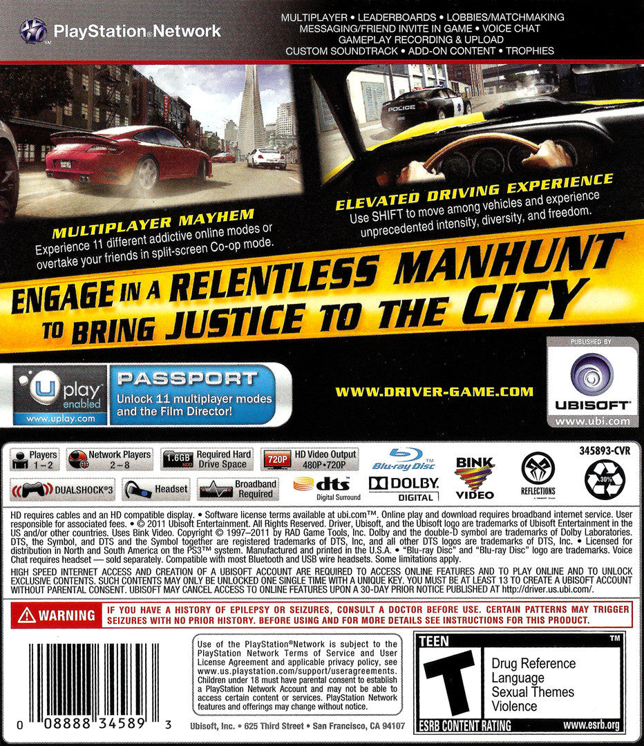 Driver: San Francisco | PlayStation 3 | back cover 1 | Region: North America | Source: LaunchBox