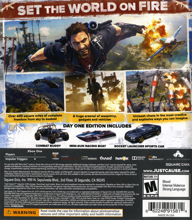 
Just Cause 3 (Day One Edition) | Xbox One | back cover | SKU 662248915814
