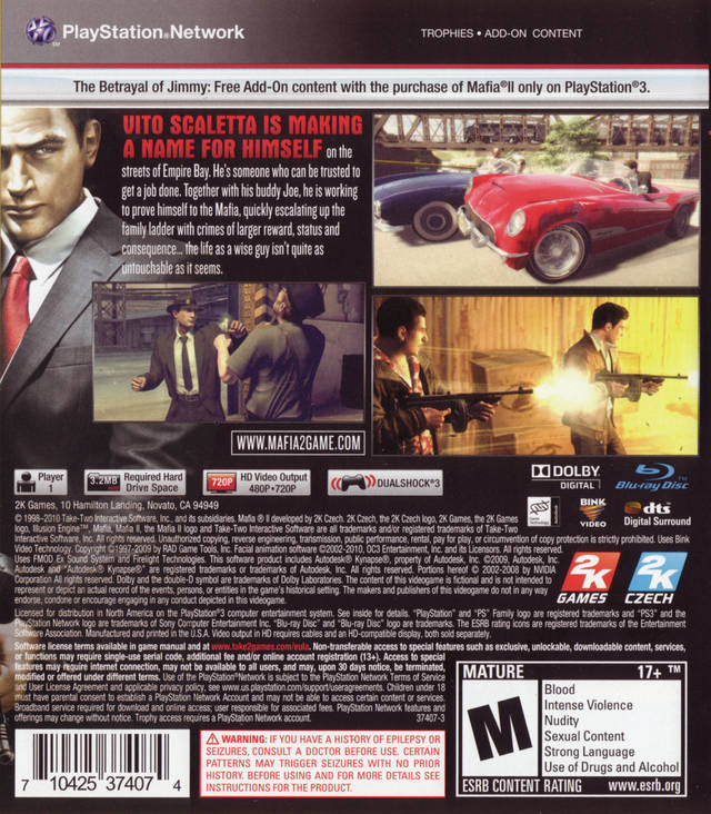 Mafia II | PlayStation 3 | back cover 1 | Region: North America | Source: LaunchBox