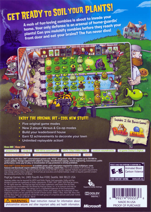 
Plants vs. Zombies | Xbox 360 | back cover 1 | Region: North America | Source: LaunchBox