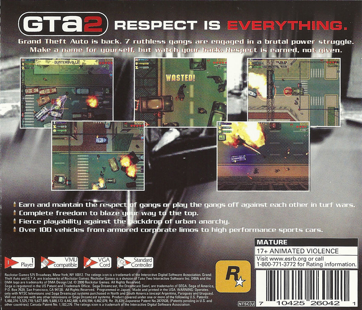 Grand Theft Auto 2 | Dreamcast | back cover 1 | region=North America | launchbox-b7be4291fb2b | source=LaunchBox