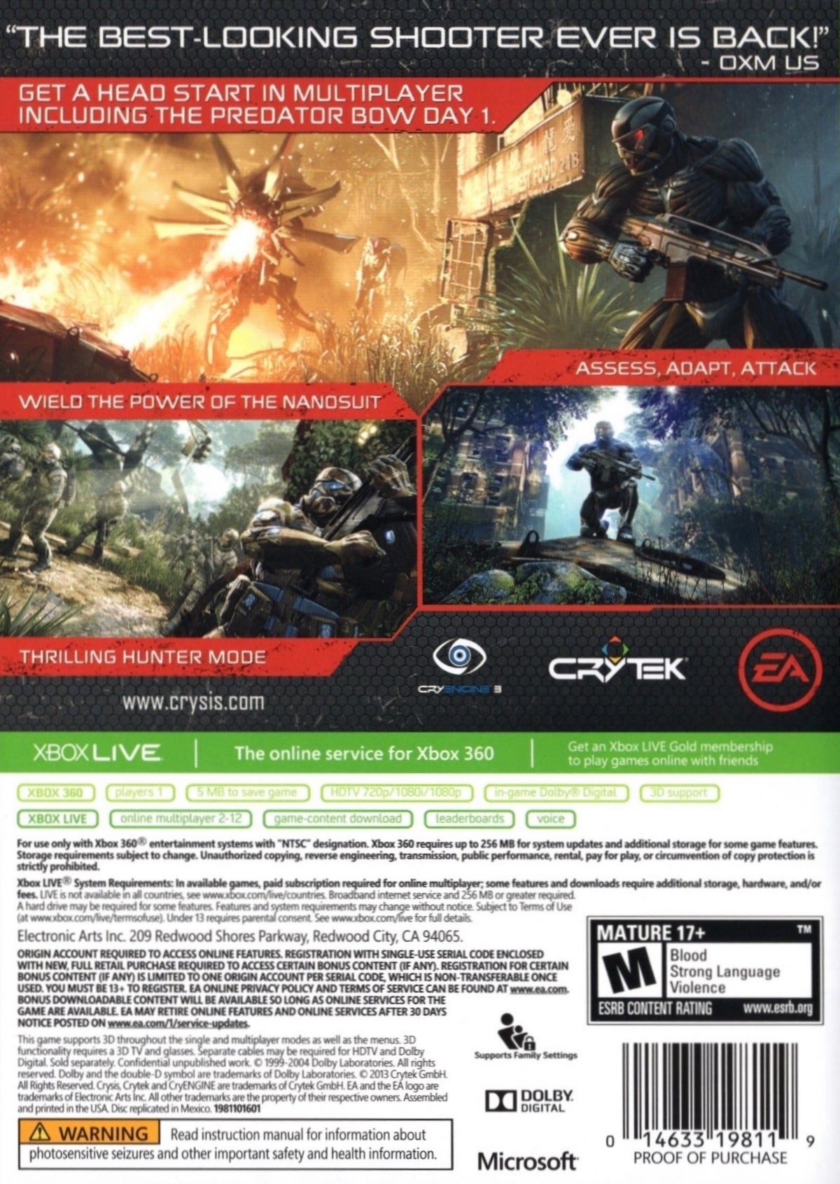 
Crysis 3 | Xbox 360 | back cover 1 | Region: North America | Source: LaunchBox
