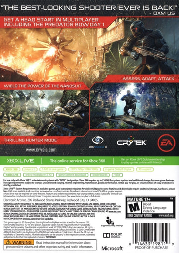 
Crysis 3 | Xbox 360 | back cover 1 | Region: North America | Source: LaunchBox