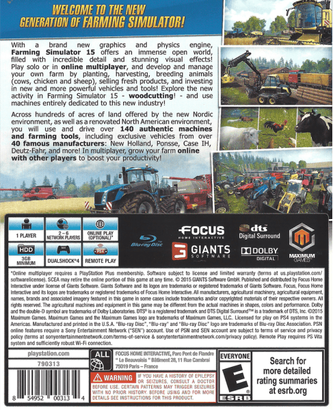 
Farming Simulator 15 | PlayStation 4 | back cover 1 | Region: North America | Source: LaunchBox