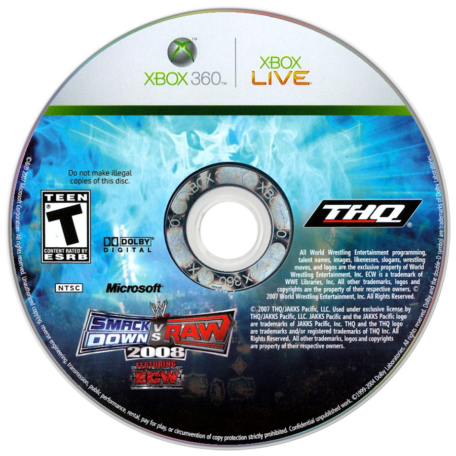 
WWE Smackdown vs. Raw 2008 | Xbox 360 | game disc/cartridge 1 | Region: North America | Source: LaunchBox