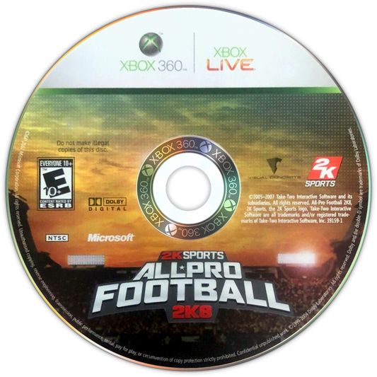 
All-Pro Football 2K8 | Xbox 360 | game disc/cartridge 1 | Region: North America | Source: LaunchBox