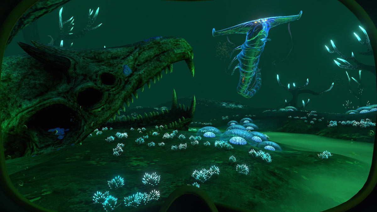 
Subnautica gameplay screenshot of a fossil and leviathan in the Lost River — official PlayStation Blog image