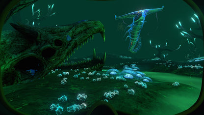 
Subnautica gameplay screenshot of a fossil and leviathan in the Lost River — official PlayStation Blog image