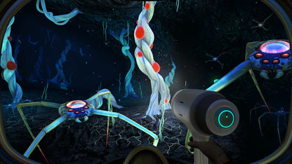 
Subnautica gameplay screenshot showing a crabsquid near blood kelp — official PlayStation Blog image