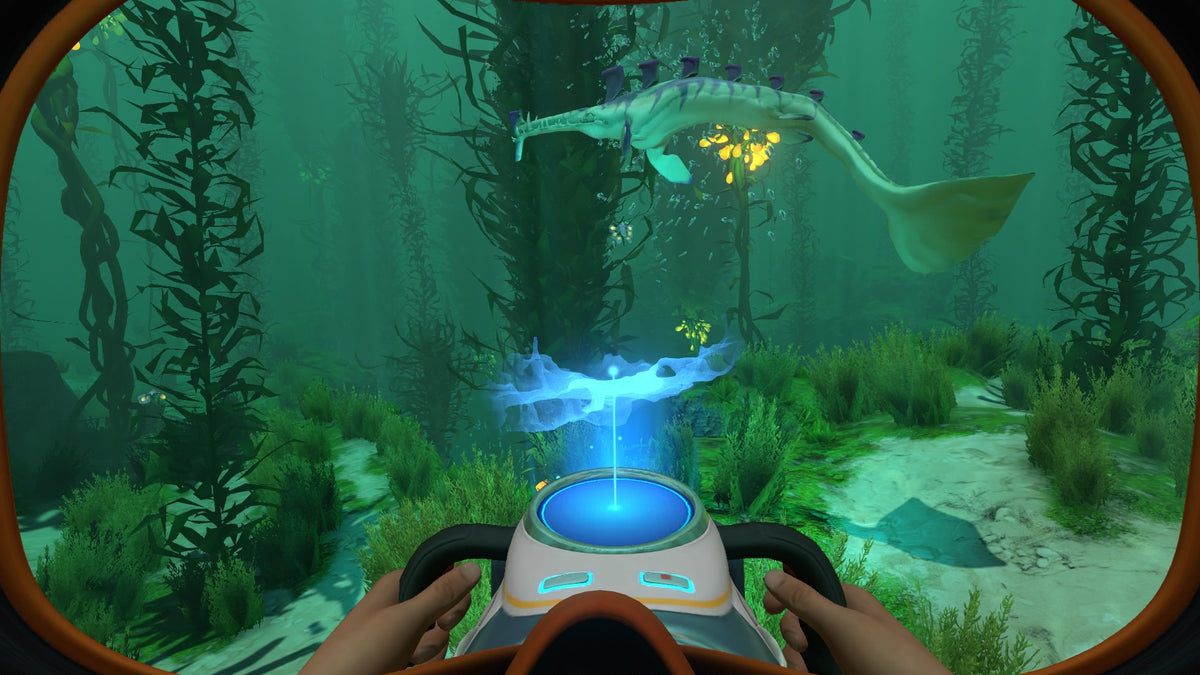 Subnautica gameplay screenshot using a Seaglide in a kelp forest near a Stalker — official PlayStation Blog image