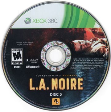 L.A. Noire | Xbox 360 | game disc 3 of 3 | region=North America | source-country=United States | zypher-v2 | moby-79905ff1470b | Data by MobyGames.com