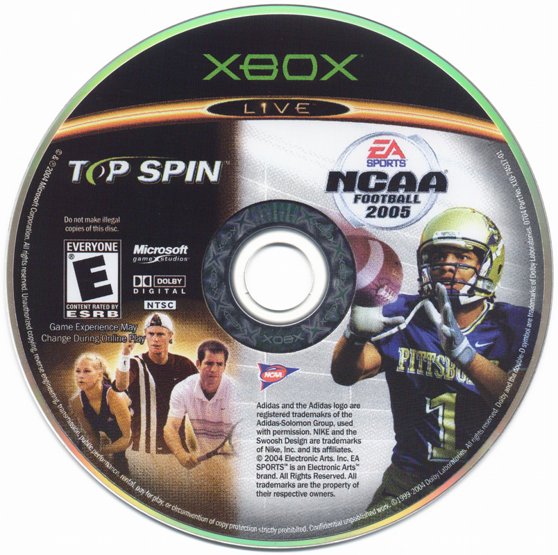 NCAA Football 2005 / Top Spin | Xbox | physical media | region=North America | source-country=United States | zypher-v2 | moby-9eac48c1f91f | Data by MobyGames.com