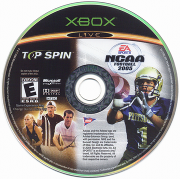NCAA Football 2005 / Top Spin | Xbox | physical media | region=North America | source-country=United States | zypher-v2 | moby-9eac48c1f91f | Data by MobyGames.com
