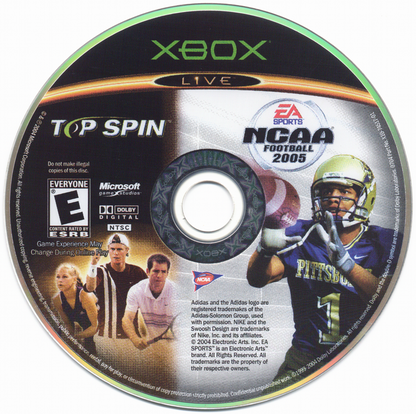 NCAA Football 2005 / Top Spin | Xbox | physical media | region=North America | source-country=United States | zypher-v2 | moby-9eac48c1f91f | Data by MobyGames.com