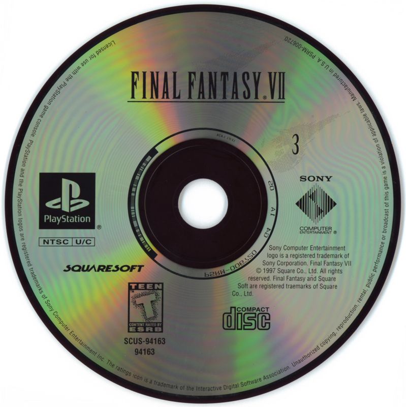 
Final Fantasy VII | PlayStation | game disc 3 of 3 | Region: North America | edition=greatest hits | source-country=United States | Data by MobyGames.com