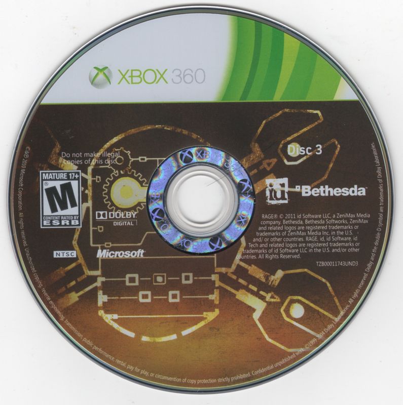 
Rage | Xbox 360 | game disc 3 of 3 | Region: North America | source-country=United States | Data by MobyGames.com