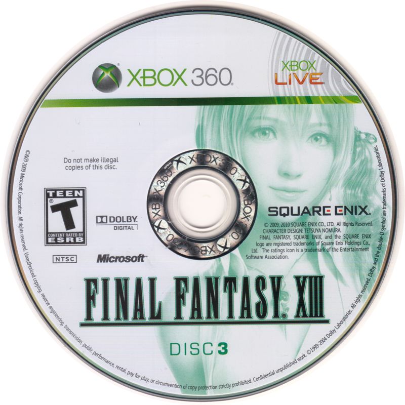 Final Fantasy XIII | Xbox 360 | game disc 3 of 3 | region=North America | source-country=United States | zypher-v2 | moby-a61bc32b3bd7 | Data by MobyGames.com